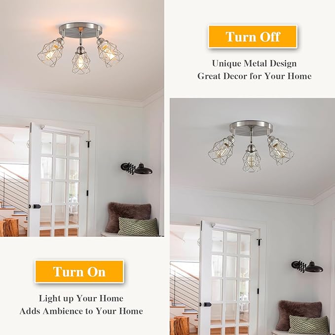 Kitchen Light Fixtures Ceiling Mount, Adjustable Semi Flush Mount Ceiling Light, Multi-Directional Lamp for Kitchen, Hallway, Dining Room, Farmhouse with E26 Base (Brushed Nickel)