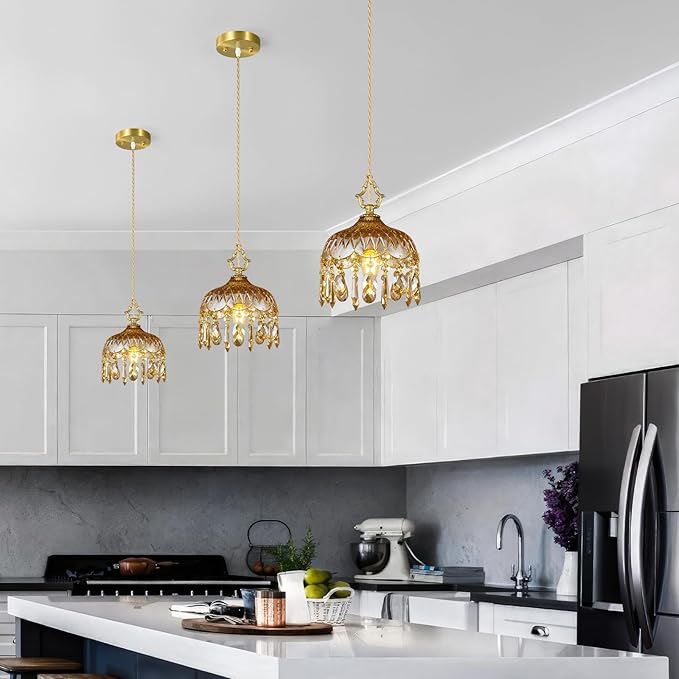 Brass Vintage Glass Pendant Light Crystal Hanging Light Fixtures,Adjustable Height Amber Glass Pendant Lights for Kitchen Island Dining Room Living Room Bedroom Hallway(Amber,2-Pack)