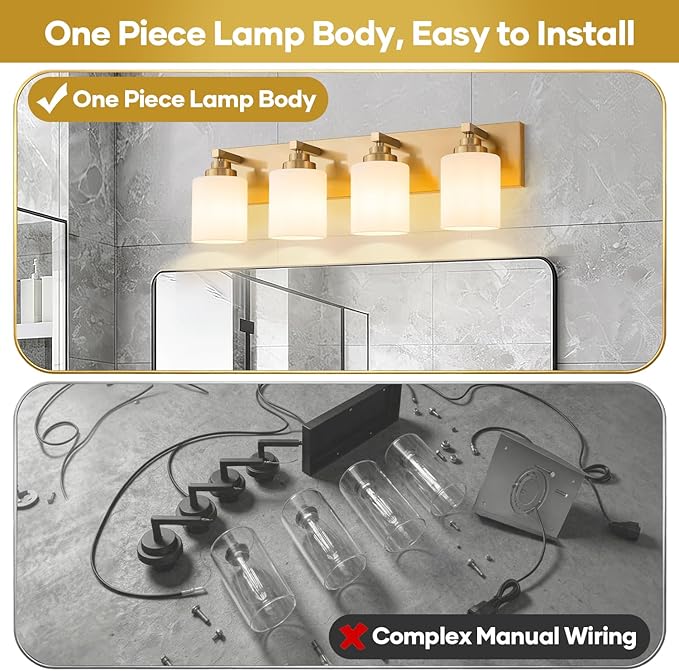 Bathroom Vanity Light Fixture, 4-Light Brushed Gold Bathroom Light Fixtures Over Mirror with Milky White Glass Shades, Modern Vanity Lights for Bathroom Living Room Hallway (Bulbs Not Included)