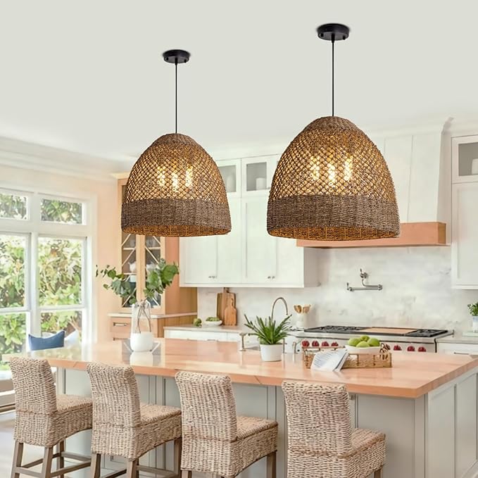 18.9" Farmhouse Rattan Pendant Light Fixture 3-Lights Costoal Chandelier Boho Hand Woven Wicker Hanging Light Fixture for Kitchen Island Living Room Bedroom Dining Room Foyer Restaurant Coffee