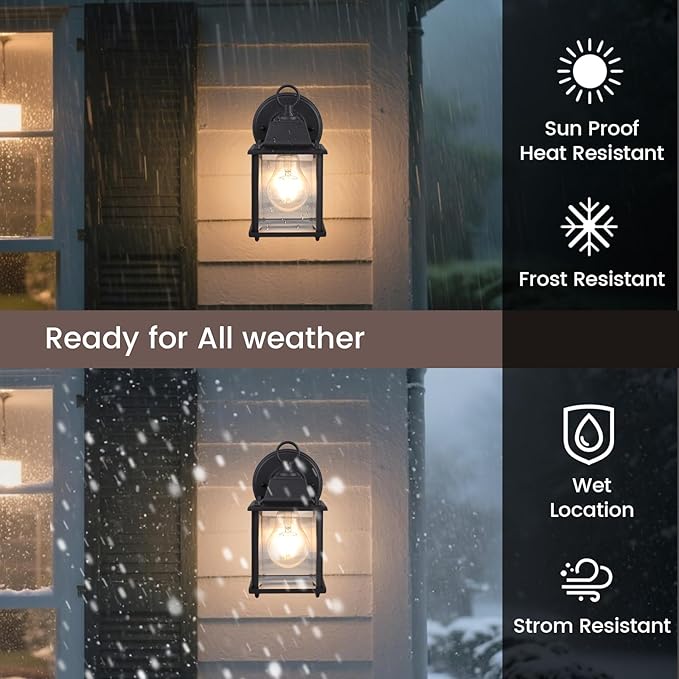 Classic Black Aluminum Wall Lamp – Wet Location Outdoor Fixture, Die-Cast Aluminum & Tempered Glass, E26 Base (60W Max) for Porch, Garage, Garden (Single Pack