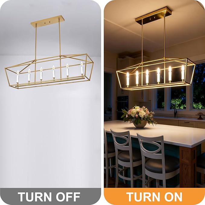 6-Light Gold Large Classic Chandelier Kitchen Island Lighting Over Table, Adjustable Height Pendant Light Fixture, E12 Bulb Base