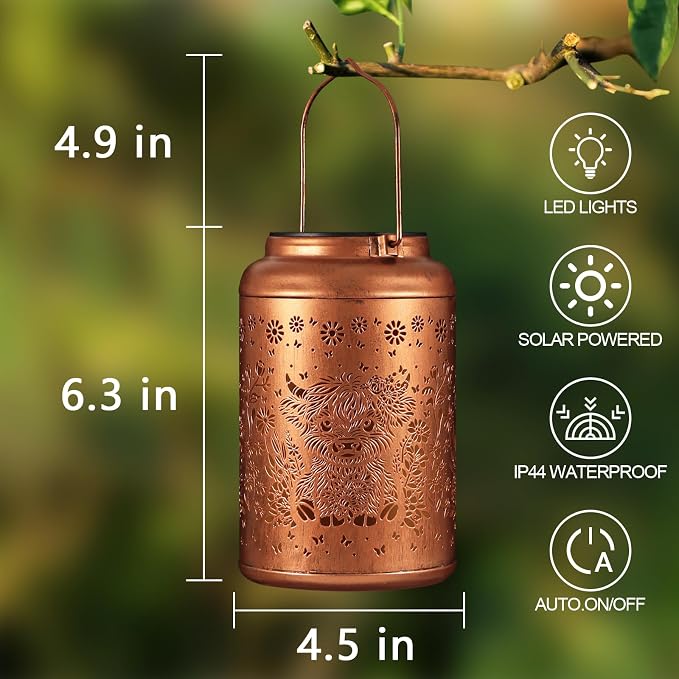 Solar Lanterns Outdoor Waterproof Garden Decor Birthday Gifts for Women Mom Grandma Hanging Solar Lights Metal Decoration Outside for Yard, Patio (Highland Cattle)