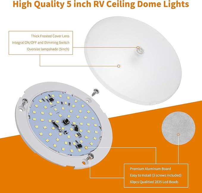 RVZONE RV Lights Interior, 5 Inch RV LED Ceiling Puck Light Dimmable 12 Volt LED Lights, 12V RV Puck Lights 4.5W Transparent Frosted RV Ceiling Dome Light for Camper Van Trailer Boat