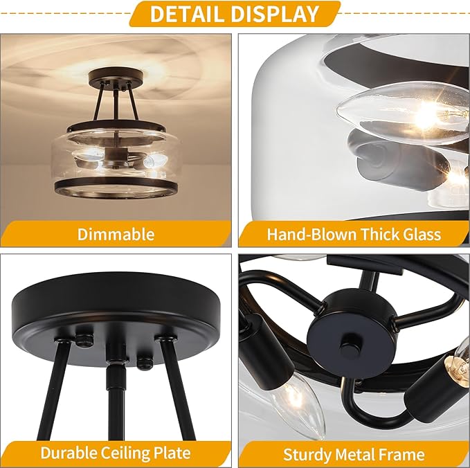 11.81" Black Glass Semi Flush Mount Ceiling Light, 3-Light Modern Light Fixture, Hallway Ceiling Lights, Ceiling Lamp for Entryway Bedroom Laundry Kitchen Dining Room Close to Ceiling Light Fixtures
