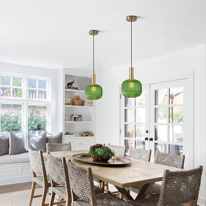 BOKT Mid Century Green Glass Pendant Lights 2-Light Mini Globe Ceiling Pendant Light Ribbed Glass Pendant Light Gold Finish Hanging Light Fixture for Kitchen Island Foyer
