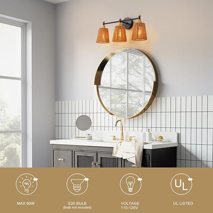 Bathroom Light Fixtures, Boho 3 Light Bathroom Vanity Light Over Mirror with Rattan Woven Wicker Lampshade Rustic Wall Sconce Lighting for Bedroom Kitchen Hallway