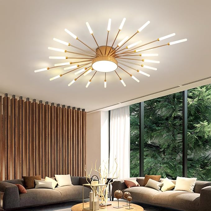 JAYMP 41.3" Ceiling Light Modern Flower Shape Ceiling Lamp for Living Room Dining Room Flush Mount Metal Acrylic Sputnik Firework Petal LED Lighting Fixture (Matte Gold, 28+1 Lights)