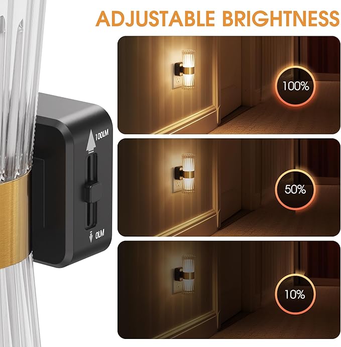 Briignite Night Light Plug into Wall, 2 Pack, 320° Rotation Night Light with Dusk to Dawn Light Sensor, Soft White 3000K, 0-100LM Adjustable Brightness for Use in Bedroom, Hallway