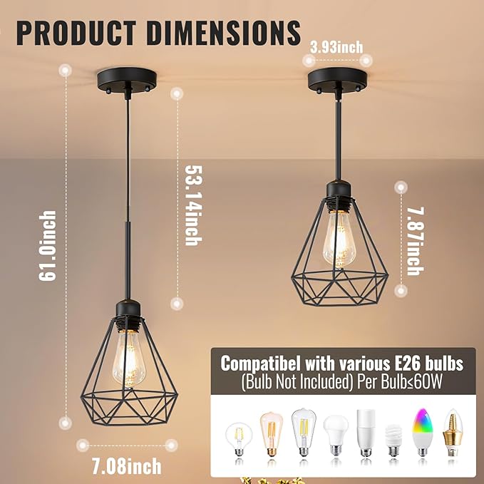 Maliralt Pendant Light Hanging Lights Fixture - Black Industrial Hanging Lamps with Metal Diamond Shade for Kitchen Island, Dining Room Over Table, Breakfast Corner, Farmhouse Home Decor - 2 Pack