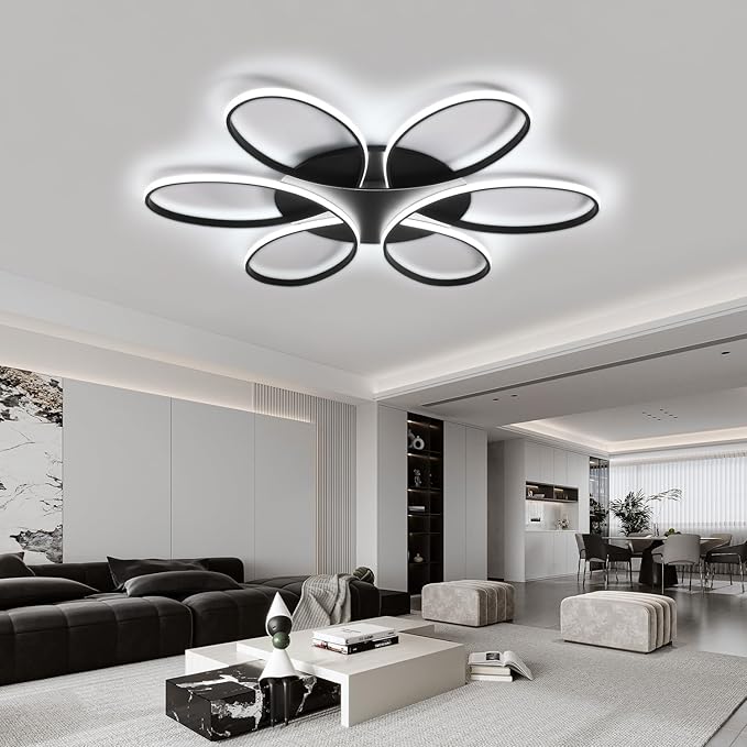 Modern LED Ceiling Light Fixture Black Flush Mount Ceiling Lamp with Remote Control Dimmable 6 Rings Flower Shaped Ideal for Living Room Bedroom Dining Room Kitchen(95CM/37.4IN)