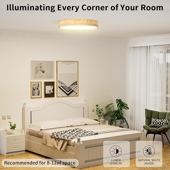 Led Ceiling Light Flush Mount: 12 Inch 24W Wood Bedroom Light Fixture with Round Modern Flat Overhead Minimalist Ceiling Lamps for Kitchen Hallway Laundry Natural White 4500K, Not Dimmable Set of 2
