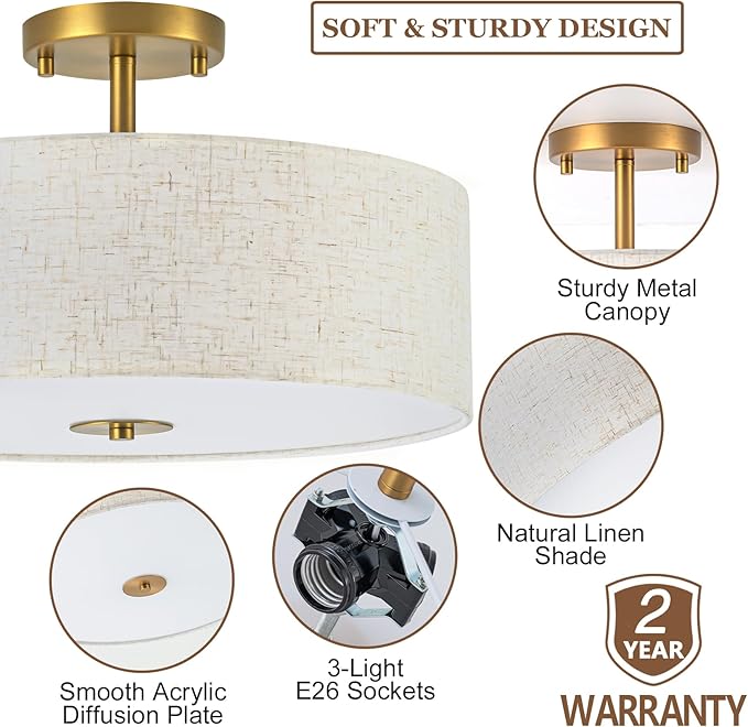 Bargeni Semi Flush Mount Ceiling Light Fixture,16 inch Drum Flush Mount Ceiling Light, Modern Light Fixtures Ceiling Mount with Matte Brass Finish, Semi Flush Ceiling Light for Bedroom,Dining Room