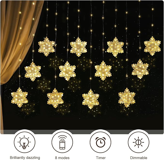 BLOOMWIN Window Lights Christmas Decor 10ft 12 Snowflakes Icicle Lights USB Christmas Curtain Lights for Bedroom Indoor Wall Winter Decorations for Home Church Wedding Birthday, 8 Modes, Warm White