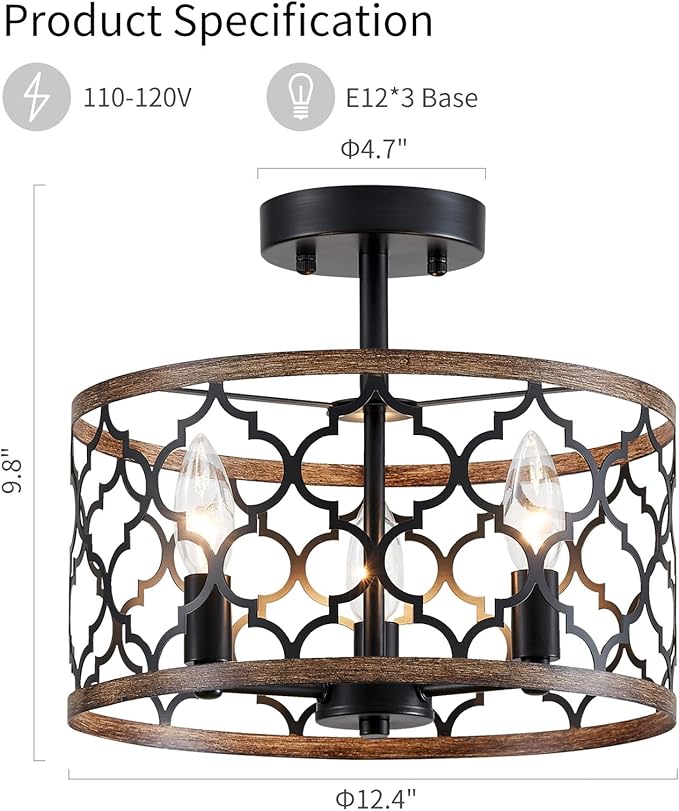 WUZUPS Chandelier 3-Light Vintage Farmhouse Semi-Flush Mount Ceiling Light Lighting Fixture for Foyer Bedroom Hallway Storage Room Kitchen Bathroom, H 9.8" x W 12.4", E12 Base, Black & Wood Imitaion