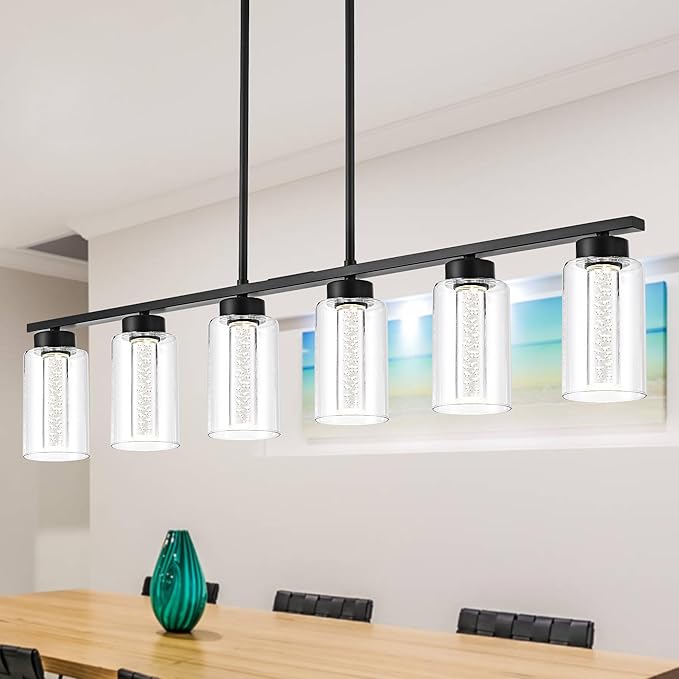 TODOLUZ 6-Lights 5CCT LED Black Kitchen Island Light LED Integrated Bulbs Included, Modern Linear Pendant Light Fixtures Hanging with Bubble Crystal LED & Clear Glass Shade