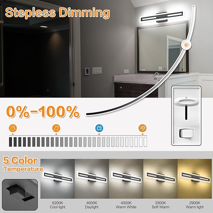 SOLFART 24 inch LED Vanity Lights Black Bathroom Light Fixture 5 Color Adjustable Bathroom Vanity Lights Over Mirror LED Vanity Lighting Fixtures Light Bar 5CCT
