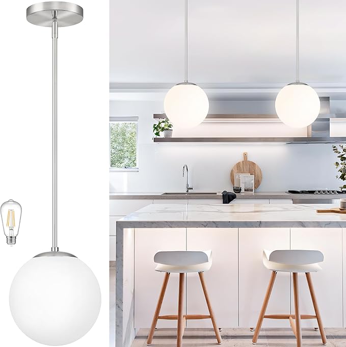 Bagood 10 Inch Globe Pendant Light Nickel Globe Pendant Lights Kitchen Island Mid Century Light Fixture with Milky White Glass Contemporary Adjustable Hanging Lights for Dining Room (Bulb Included)