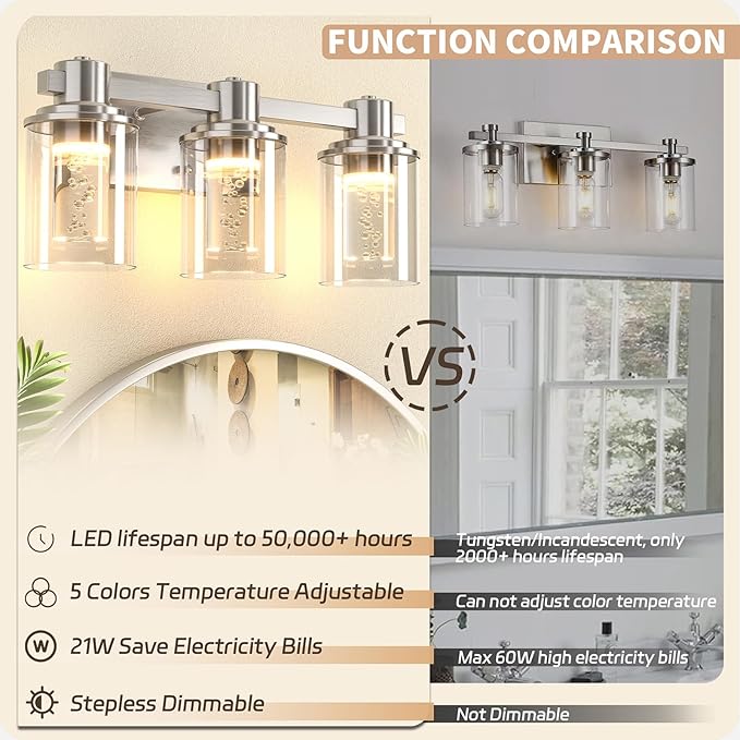 Quntis Brush Nickle Bathroom Lighting Fixtures with 5 Color Mode, 3-Light Dimmable Modern Bathroom Vanity Light Over Mirror, 21 Watt Eye Protection LED Wall Lamp 16 Inch (UL Certified, Bulbs Included)