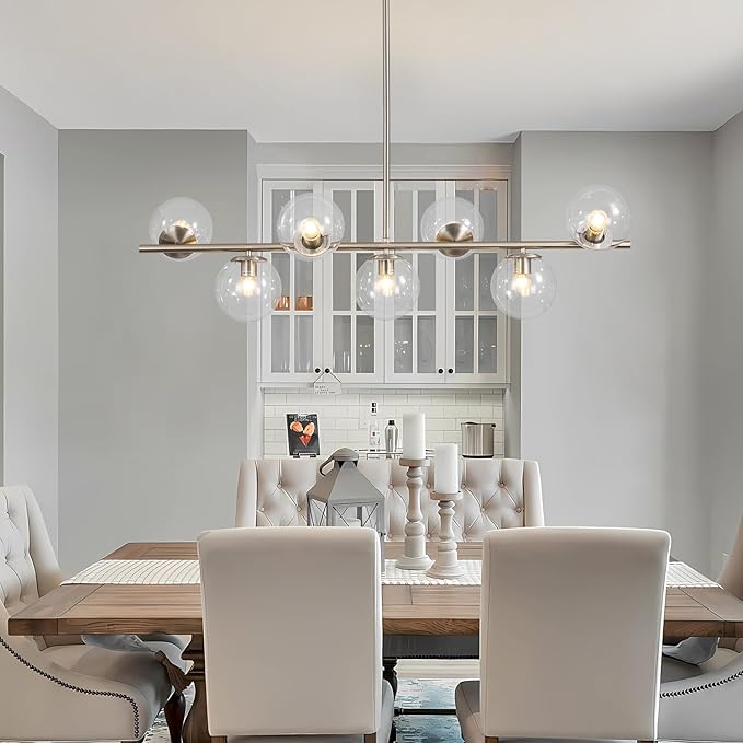 KCO Lighting Modern 7-Light Brushed Nickel Metal Large Chandelier Nordic Clear Glass Globe Farmhouse Pendant Light Silver Minimalist Adjustable Kitchen Island Hanging Ceiling Lights