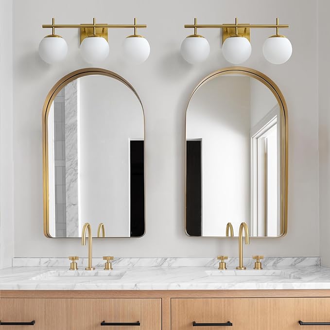 AIJIASI Gold Bathroom Light Fixtures, 3-Light Bathroom Vanity Light Over Mirror, Modern Vanity Lighting Fixtures with Milky White Globe Glass Shade, 22.4 inch Wall Sconce Light (Exclude E26 Bulb)