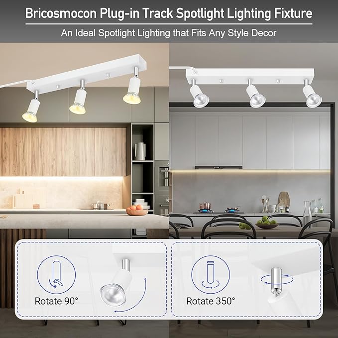Plug-in Track Lighting, LED Track Lighting Fixtures Ceiling Kit, 16" White Plug in Wall Light with 14.8ft Cord, 3-Light Ceiling Spotlight,Rotatable Kitchen Light Head for Bedroom Hallway(GU10,NO Bulb)