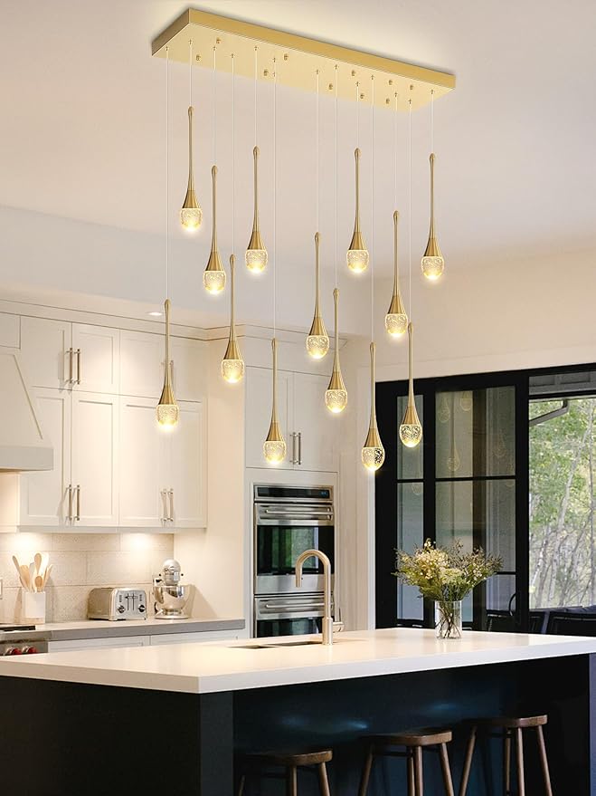 ykolupty 14-Light Modern LED Pendant Lighting Fixture for Kitchen Island Raindrop Crystal Chandelier Gold Chandelier for Dining Room High Ceiling Chandeliers for Staircase Foyer Hallway Villa
