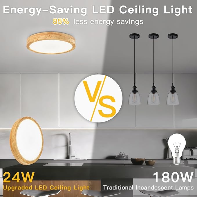 Modern Flush Mount Ceiling Light, LED Ceiling Light for Bedroom, Wood Light Fixture Warm White 4500K Not Dimmable, Round Flat Ceiling Lamp for Hallway, Kid's Room, Living Room, (Wood, 11.8")