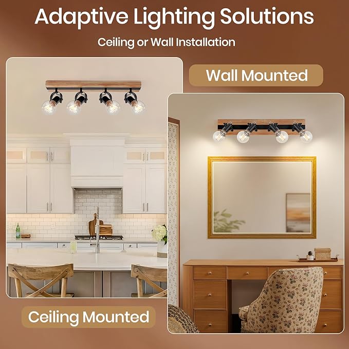 SEEBLE 4-Light Rectangular Flush Mount Ceiling Light, Linear Wood Track Lighting with Adjustable Spotlights, Farmhouse Kitchen Ceiling Light for Dining Room Hallway Bathroom
