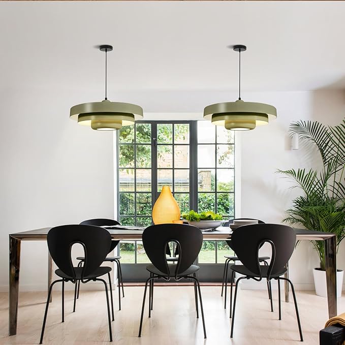 Industrial Farmhouse Pendant Light, 19.7 Inch Olive Green Metal Shade, Vintage Mid-Century Modern Single Hanging Chandelier for Kitchen Island, Dining Table, Bar, Entryway