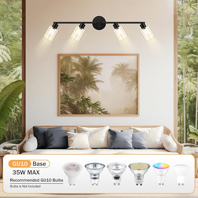 BoostArea 4 Light Led Track Light,Glass Lightshade Track Lighting Kits,4 Way Modern Ceiling Spot Lights for Kitchen,Dining Room,Bedroom,Hallway,Flexibly Rotatable Light Head,Black,Not GU10 Bulb