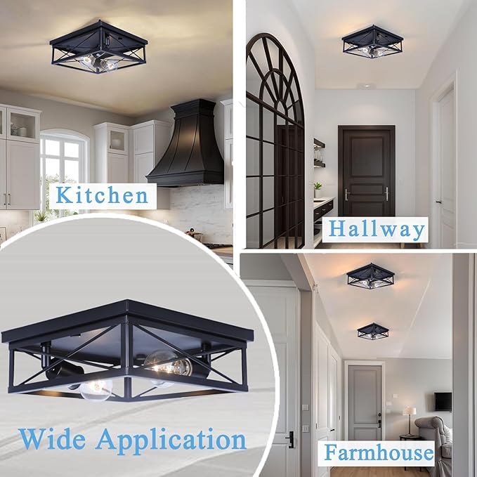 COTULIN 2-Pack Farmhouse Black Flush Mount Ceiling Lights, Industrial Square Metal Cage Light fixtures for Bedroom Hallway Kitchen Balcony Porch Stairway