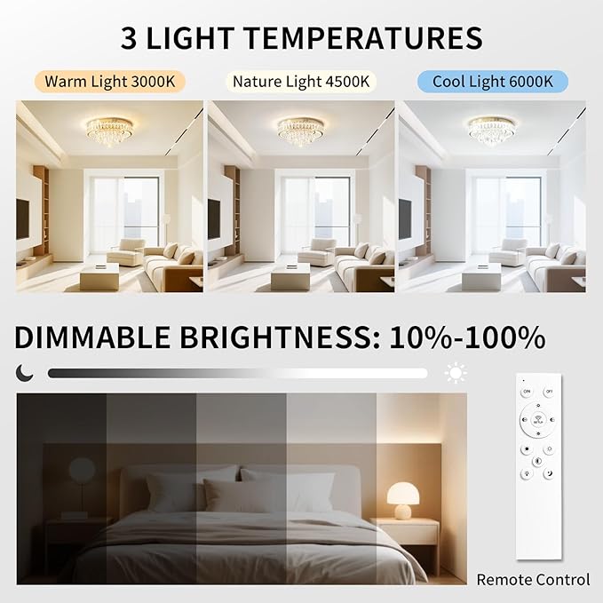 Modern LED Ceiling Crystal Chandelier: K9 Crystals Light With Remote For Dimmable - 20" Gold Crystal Chandeliers Flush Mount Ceilings Light Fixtures For Dining Room Bedroom Entryway Living Room