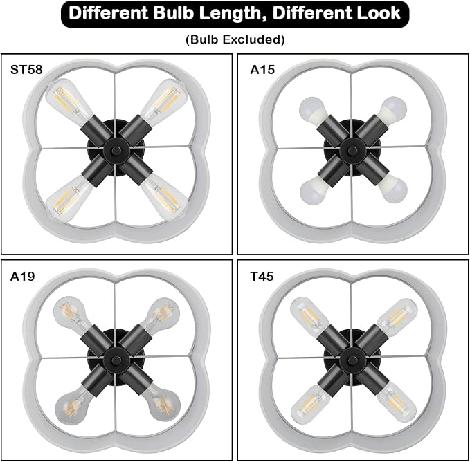 4-Light 14.4'' Semi Flush Mount Ceiling Light Fixture, Black Modern Close to Ceiling Lamp with White Fabric Shade, Farmhouse Bright Lighting for Nursery Kids Room Bedroom Hallway Entryway