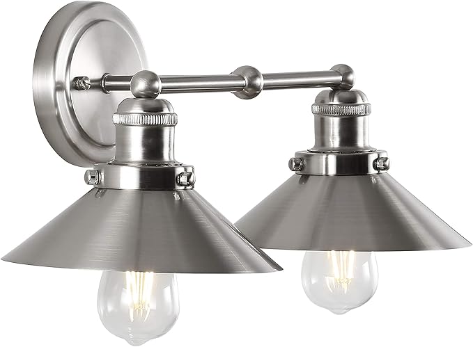 JONATHAN Y 17.5" Nickel 2-Light Industrial Farmhouse Metal Vanity Light Wall Sconce, Metal Shade for Bathroom Mirror, Kitchen, Entryway, LED Bulb Included (JYL7427B)