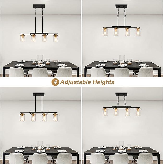 4-Light Kitchen Island Lighting,Dining Room Lights Modern Farmhouse Chandelier with Clear Glass Shade,Modern Rustic Black and Gold Metal Chandelier, Kitchen Pendant Light Fixtures Over Table