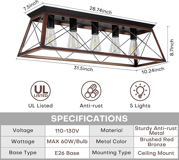31.5" Flush Mount Ceiling Light, 5-Light Industrial Vintage Chandelier with Matte Black & Brushed Bronze Finish, Large Close to Ceiling Lighting for Dining Room, Kitchen Island, Living Room, Hallway