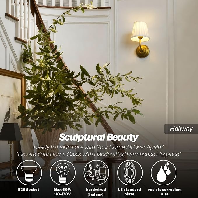 Vintage Gold Wall Sconce Light Brass Bathroom Vanity Light with White Fabric Shade Hardwire Modern Wall Sconces Lamp for Bedroom Living Room Bathroom Kitchen Indoor E26