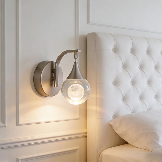 Sedelan Crystal Wall Sconce, Indoor LED Modern Wall Sconces, 5W Dimmable Moon Wall Light for Bedroom Bedside Bathroom Living Room Corridor, Sand Nickel