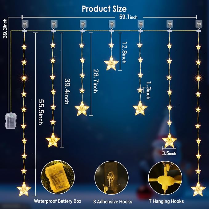 Marchpower 46 Stars Curtain Lights, Battery Operated Christmas Star Window Lights - Warm White with Timer & Memory Function & 8 Modes, IP65 Waterproof for Indoor Window Decoration