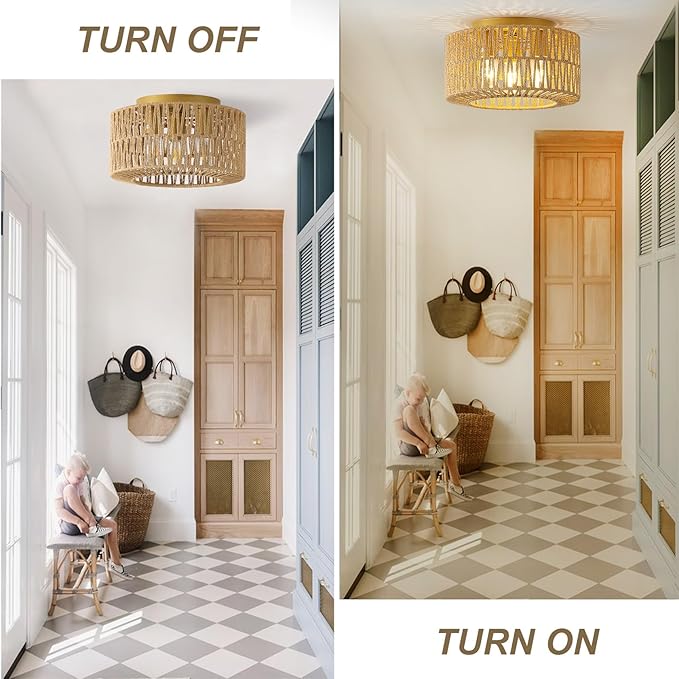 12.6”Rattan Flush Mount Ceiling Light Fixtures, 3-Light Boho Light Fixture Rattan Hand-Woven Chandelier Close to Ceiling Light Fixture for Bedroom Hallway Kitchen Dining Room Nursery(Brown)