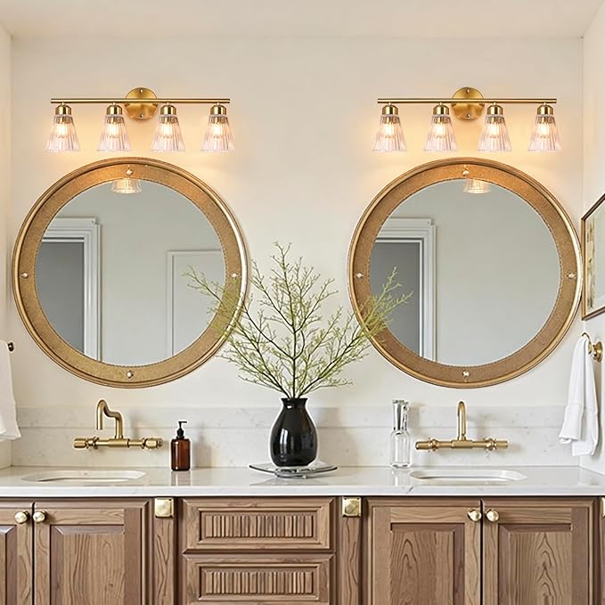 4-Light Bathroom Vanity Light, Brushed Gold Bathroom Light Fixtures Over Mirror with Stripe Glass, Modern Wall Lamp, Wall Sconces Lighting for Living Room Bedroom Kitchen Hallway