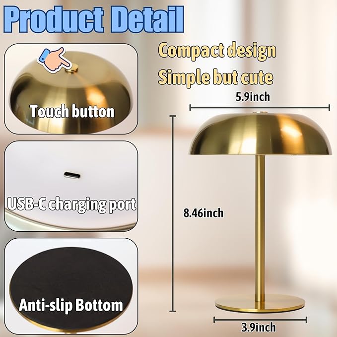 Portable LED Mushroom Table Lamp, 8.46'' Metal Small Cordless Desk Night Light with 5200mAh Rechargeable Battery, Stepless Dimming Lamp with 3 Colors for Bedroom/Bar/Coffee Shop (Silver)