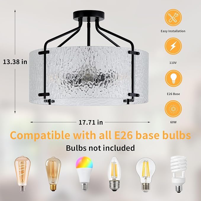 Semi Flush Mount Ceiling Light Fixture,Glass Drum Kitchen Lighting Fixtures Ceiling,18''Black Modern Light Fixture Chandelier,5-Light Foyer Lighting Fixtures for Living Room Hallway Foyer Porch