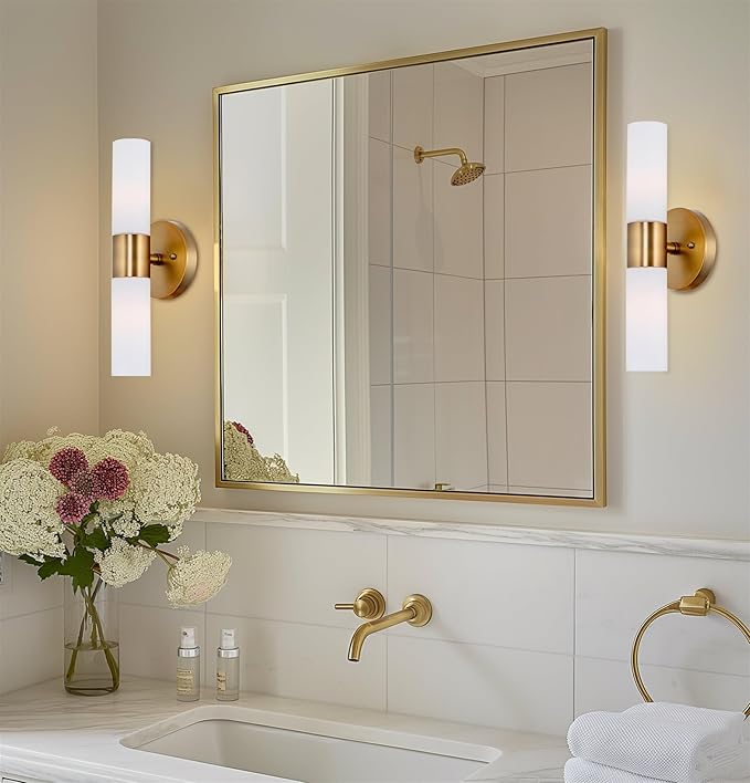 Kira Home Duo 14" Modern Wall Sconce with Frosted Glass Cylinder Shades, Linear 2-Light Wall Light, Warm Brass Finish