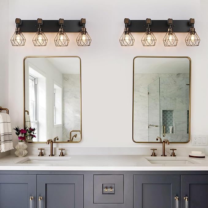 Black Gold Farmhouse Bathroom Light Fixtures, 4-Light Bathroom Lighting Fixtures Over Mirror, Rustic Wood Vanity Lights Wall Sconces with Metal Lampshade for Living Room