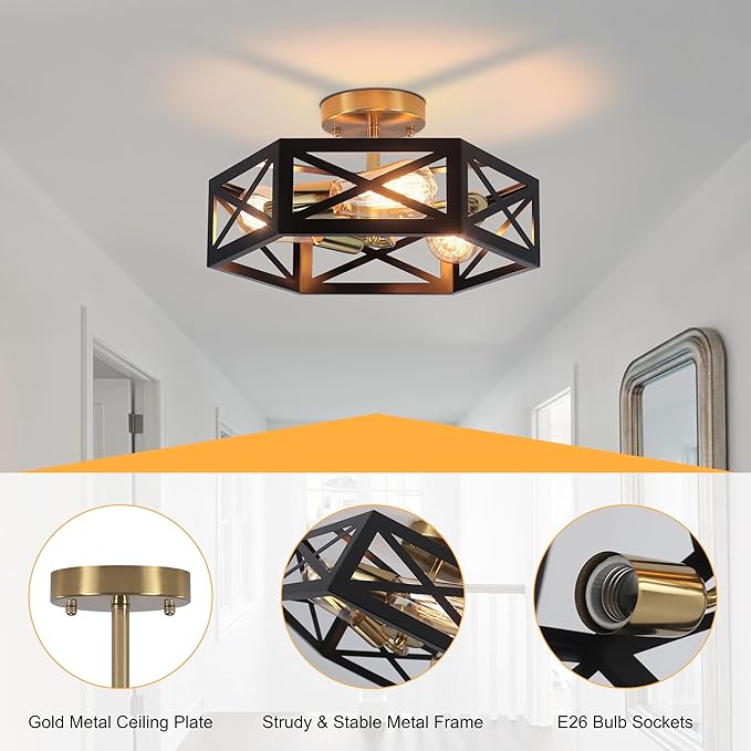 Rustic Foyer Lighting Fixtures, Black Farmhouse Kitchen Light Fixtures Black and Gold Hexagon Ceiling Light with 3 Lights Metal Cage for Hallway Enrtyway 14.5 in