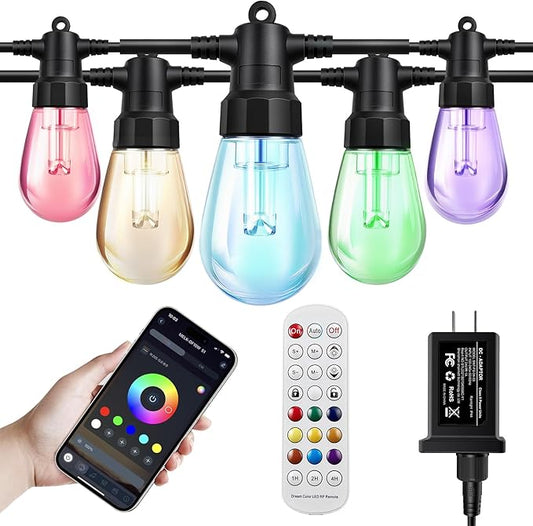 Outdoor String Lights 48ft, Patio Lights with 15 Dimmable LED Bulbs, RGBW & Warm White, IP67 Waterproof, Shatterproof, APP & Remote Control, Color Change, Customizable Colors for Backyard Decor