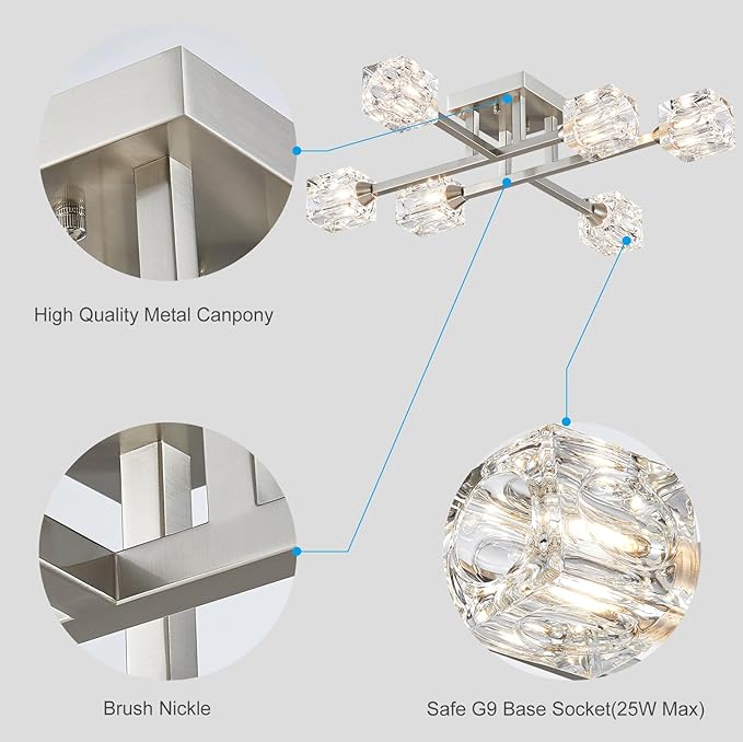 XINGQI Sputnik Light Fixture 6-Lights Semi Flush Mount Ceiling Light, Modern Silver Glass Chandelier Brushed Nickel Lighting for Dining Room Living Room Kitchen Bedroom Entryway