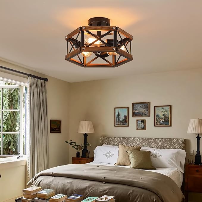 3-Light Rustic Farmhouse Wood Flush Mount Ceiling Light Fixture 14.5 inch Oak Wood and Metal Hexagon Cage Semi Flush Mount Ceiling Light for Hallway Hall Entry Bedroom Kitchen Farmhouse, Black